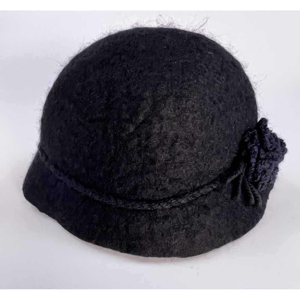 The Handmade Felt Co Black Wool Cloche Hat Rosette Accent Womens Size XL Flapper